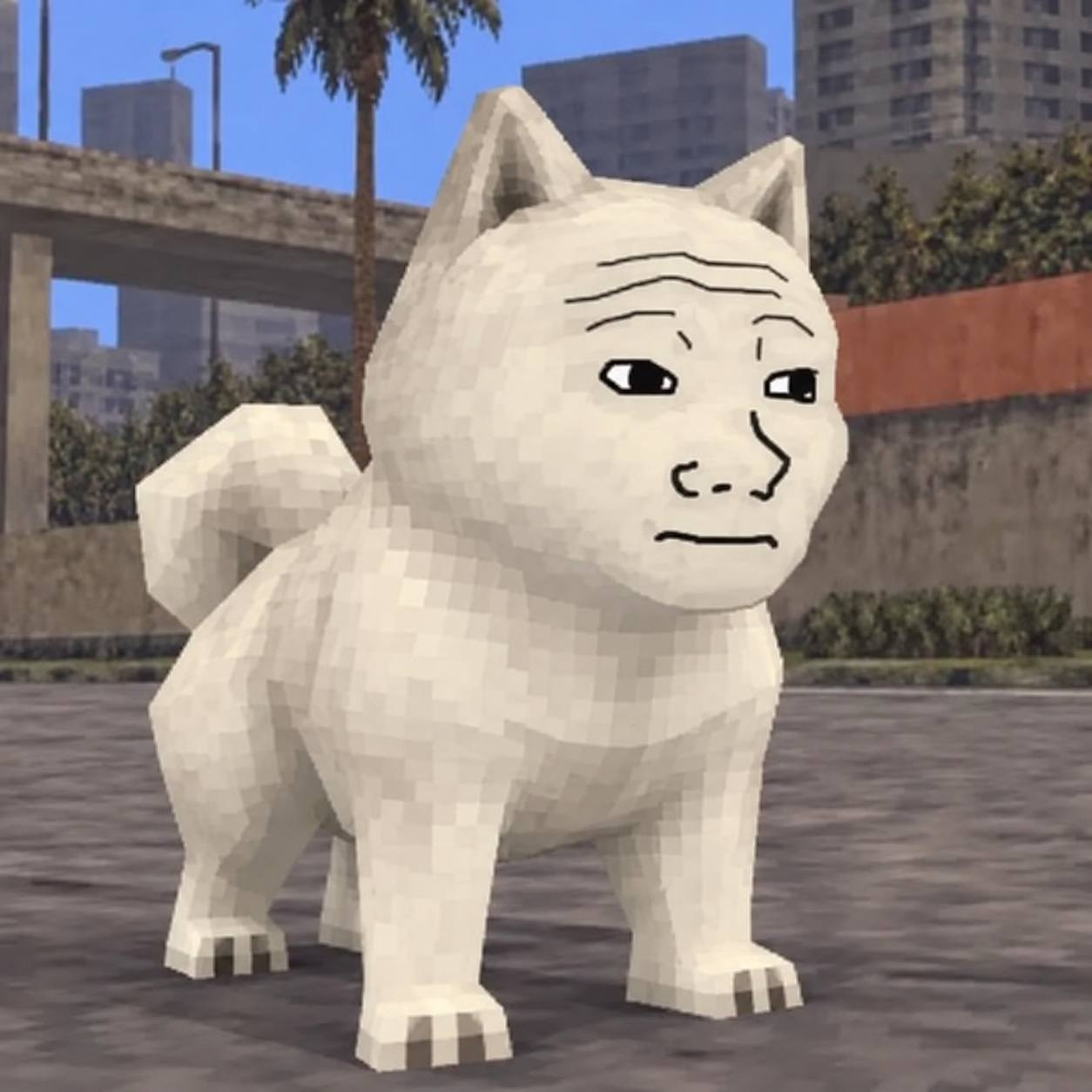 A low-poly white dog with a calm Wojak face standing in an urban street