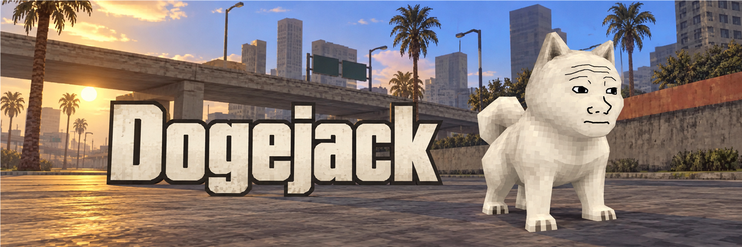 Dogejack standing beneath city overpasses at sunset beside the project name